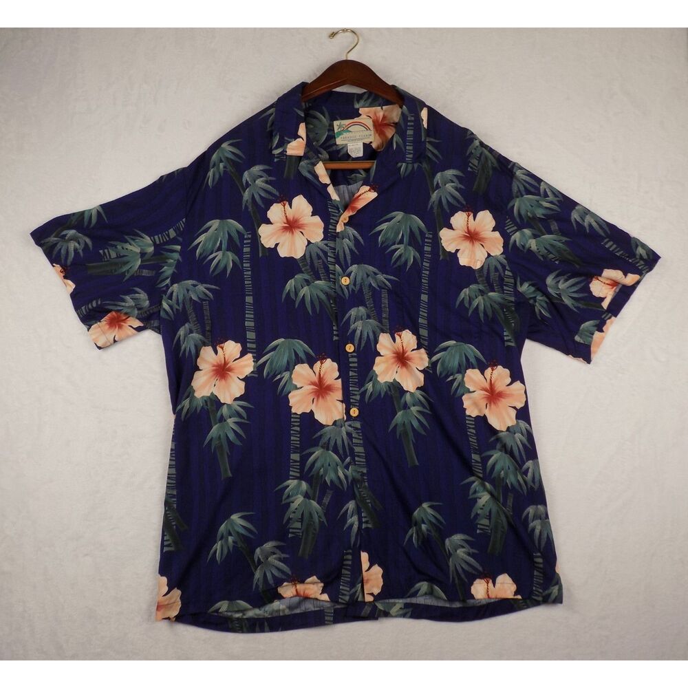 Vintage Paradise Found Bamboo Hibiscus Print Hawaiian Button Shirt Size Large